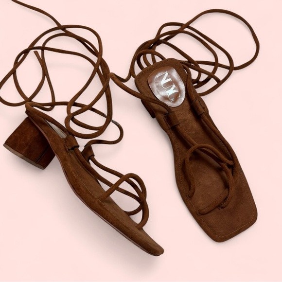 Vintage Block Heel Brown Soft Suede Lace-Up Sandals - Picture 1 of 7